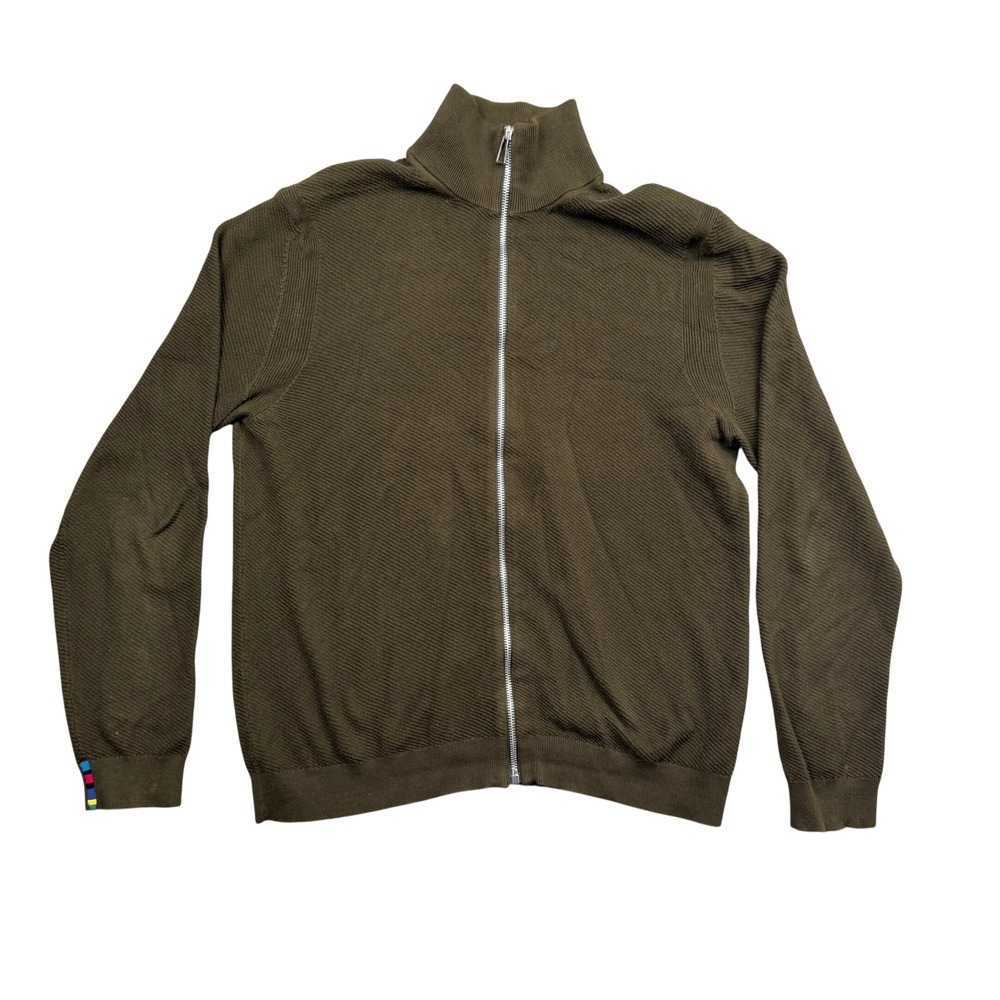 PS Paul Smith Full Zip Cardigan Mens M Olive Green Textured Knit Stripe Cuff